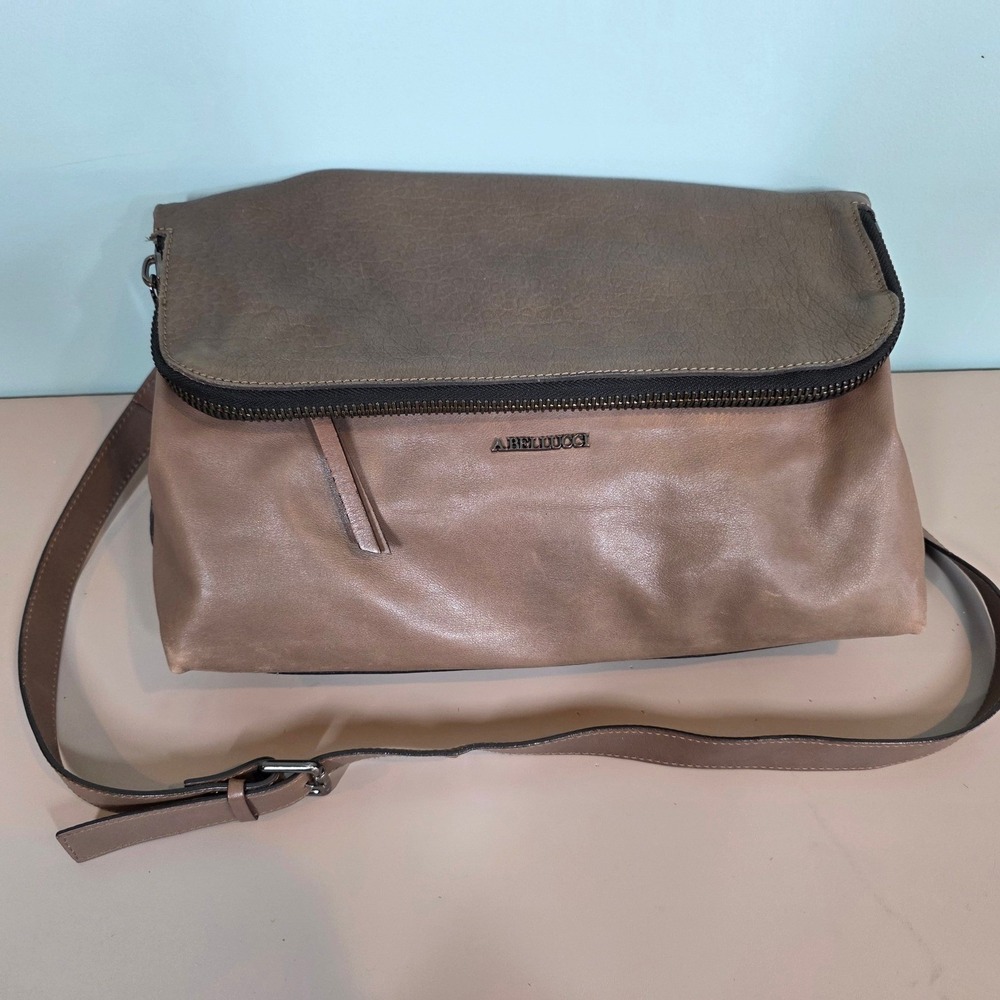 A. Bellucci Italy Taupe Leather Foldover Crossbody Bag Zipper Flap Messenger